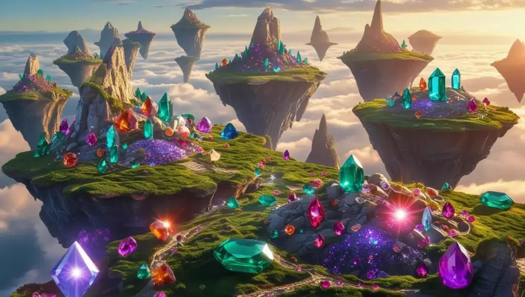 Fantasy world with floating islands of magical jewels and collectible gems