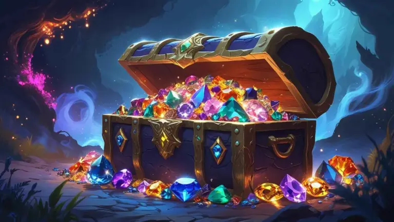 Treasure chest with glowing fantasy gems and magical crystals in a virtual gaming world