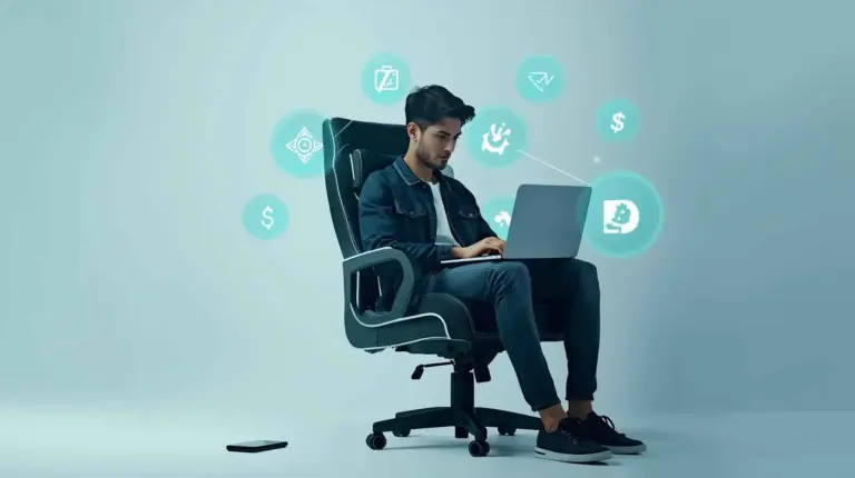 A gamer earning money online through playing video games on laptop and mobile