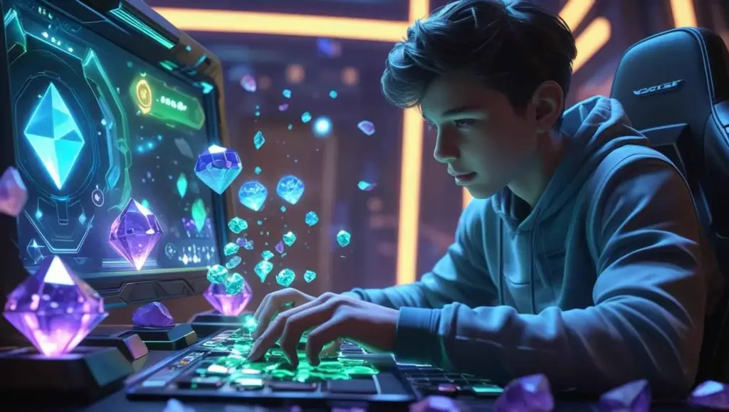 Gamer earning digital rewards and collectible crystals on Fantasy Gems platform