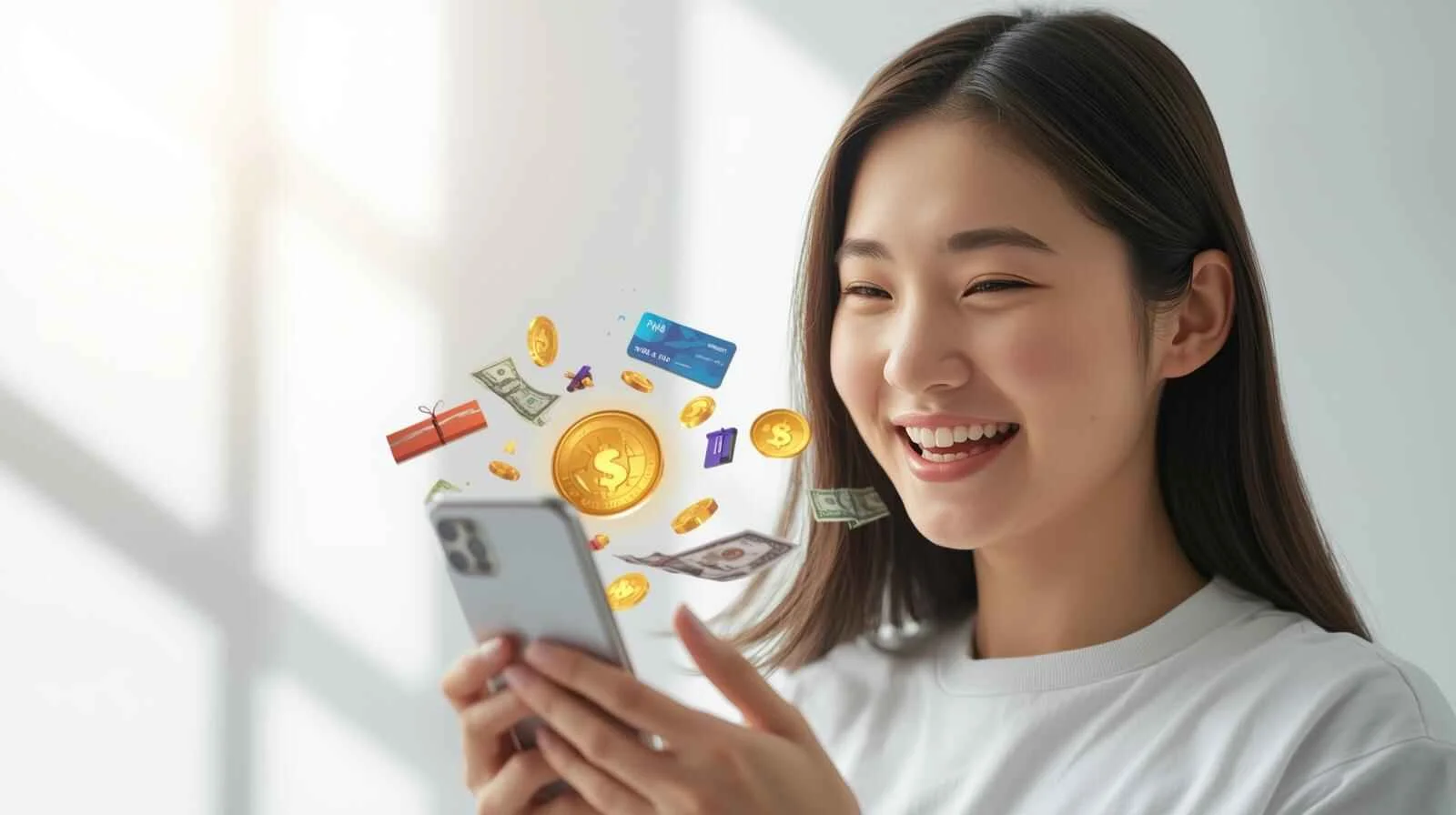 Player using mobile gaming apps to earn cash rewards online