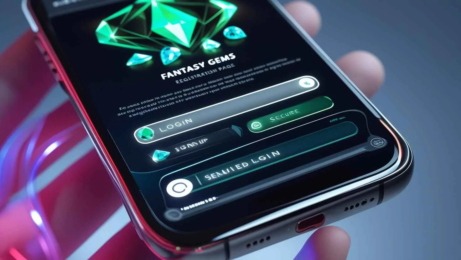 Mobile screen showing Fantasy Gems registration page for new players
