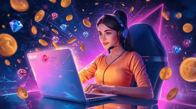 A gamer playing online with glowing gems and coins floating around, symbolizing Play and Get Paid rewards on Fantasy Gems.