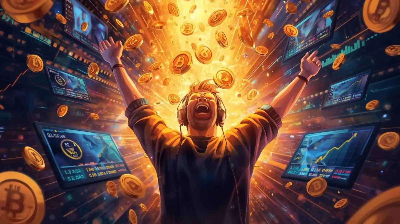 A gamer surrounded by glowing rewards and leaderboard screens, symbolizing strategies to maximize earnings on Fantasy Gems.